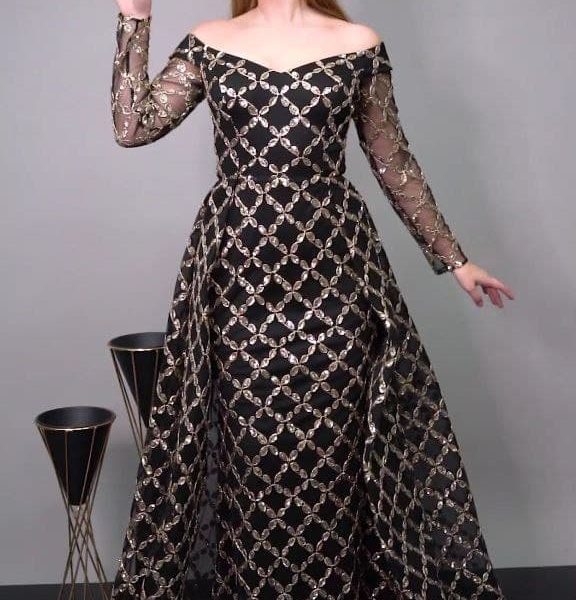 Black evening dress with gold embroidered