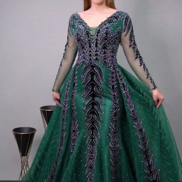 Green embroidered long evening dress