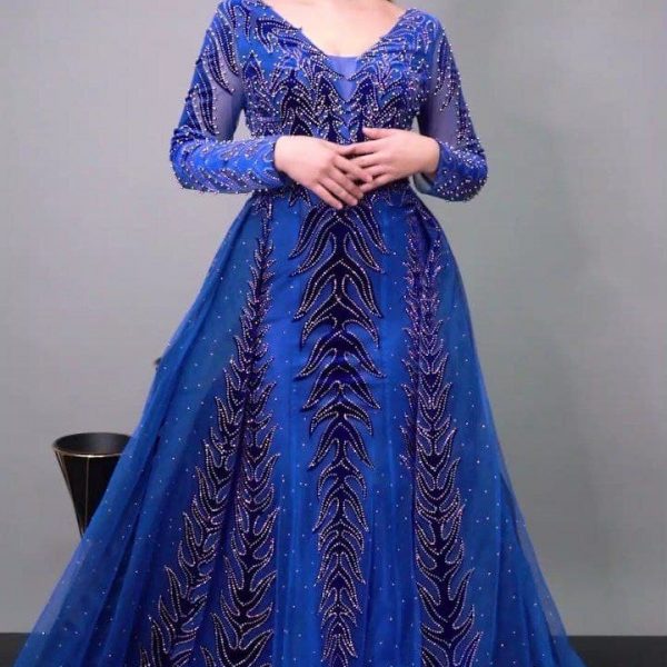 Long evening dress, blue color, embroidered