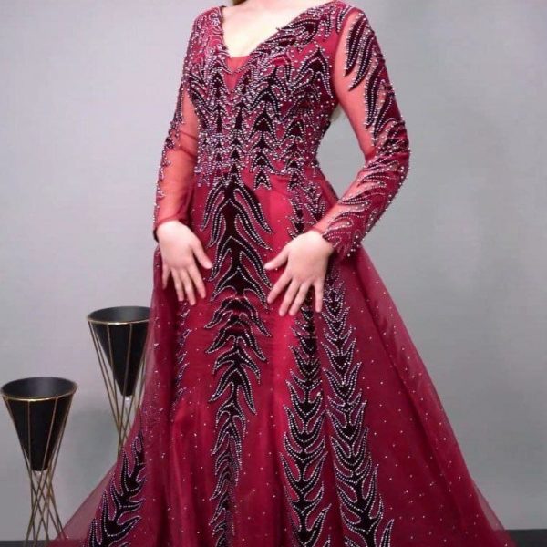 Long evening dress burgundy color embroidered