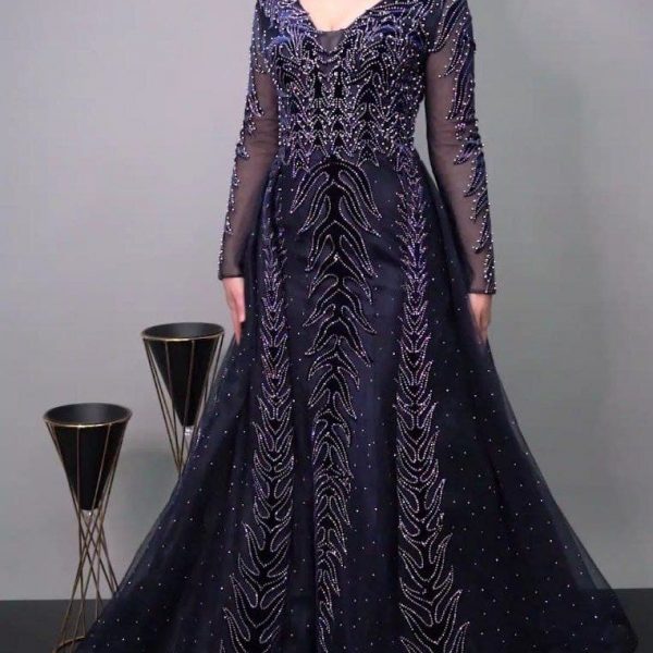Embroidered navy long evening dress